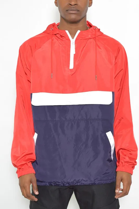 WEIV Men's Full Size Color Block Anorak Jacket Pullover Windbreaker Plus Size Red Navy