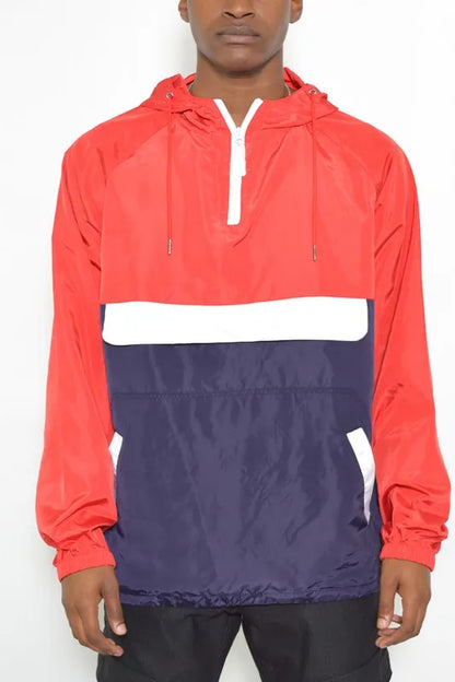 WEIV Men's Full Size Color Block Anorak Jacket Pullover Windbreaker Plus Size Red Navy