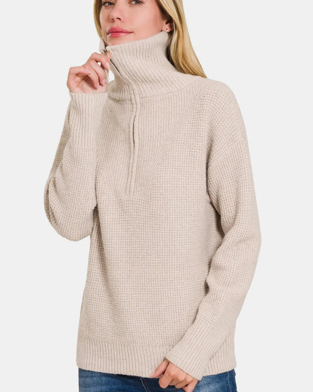 Zenana Half Zip Long Sleeve Sweater Mocha