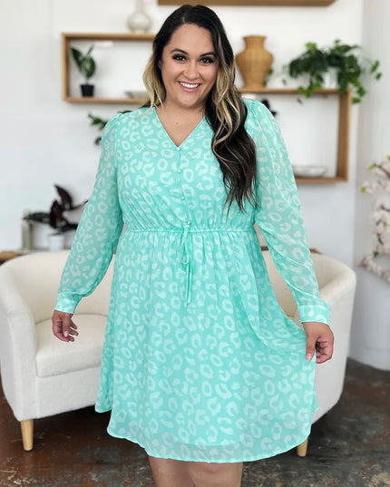 Double Take Full Size Printed Ruched V-Neck Long Sleeve Dress