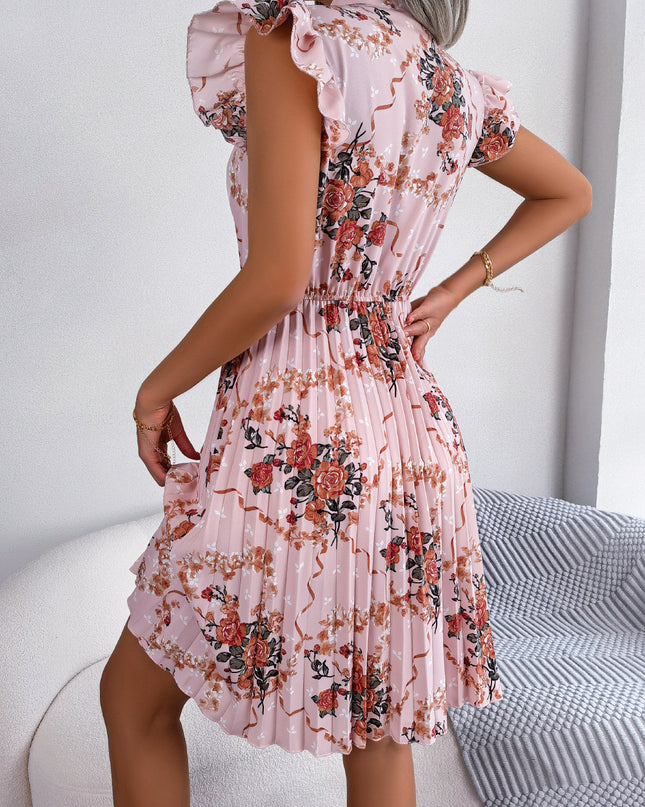 Pleated Floral Printed Tie Neck Knee Length Dress