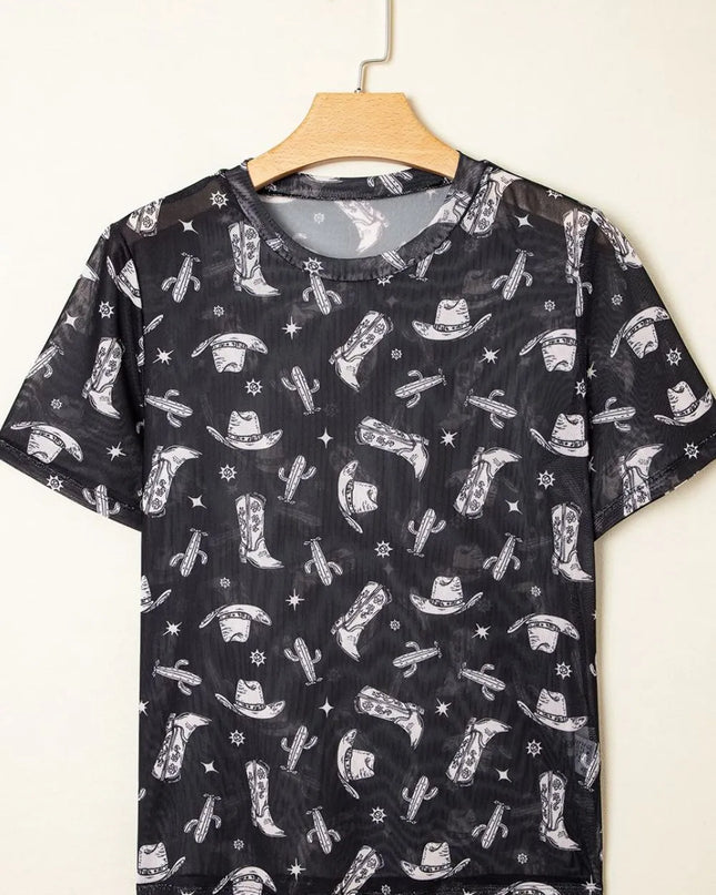 Western Pattern Mesh Sheer Crew Neck Top
