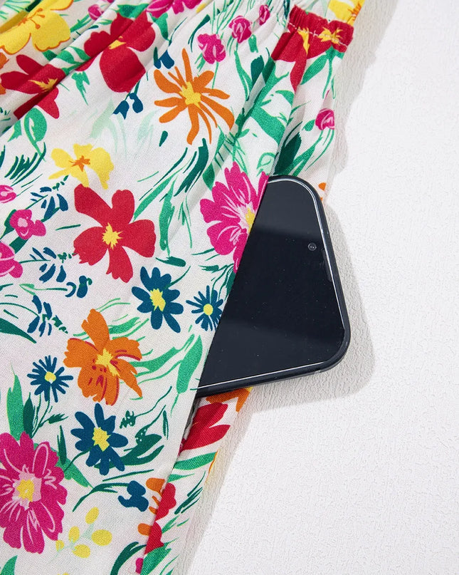 Floral Knotted Straps Cinched Waist Ruffle Hem Mini Dress