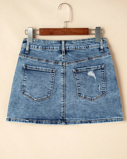 Rhinestone Distressed Denim Mini Skirt 