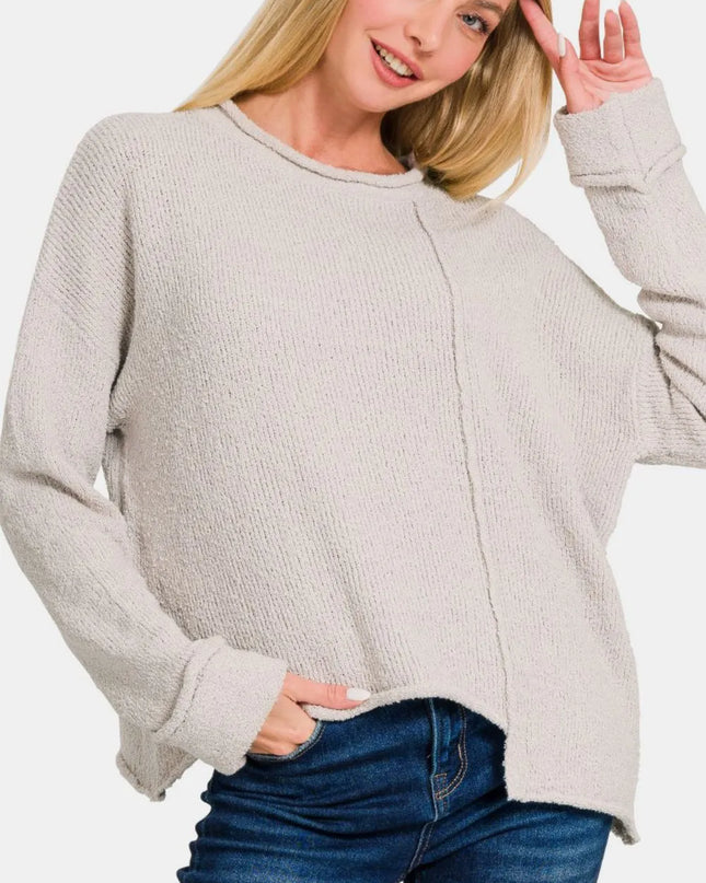 Zenana Asymmetric Hem Drop Shoulder Sweater Bone