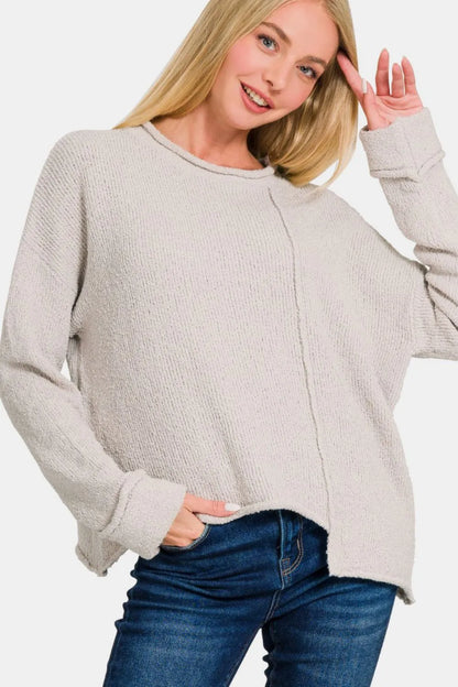 Zenana Asymmetric Hem Drop Shoulder Sweater Bone