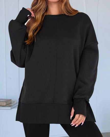 Side Slit Round Neck Long Sleeve Sweatshirt
