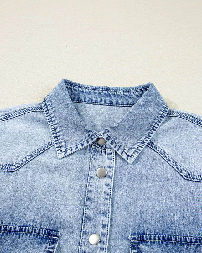 Chest Pocket Raw Hem Denim Loose Shirt Dress