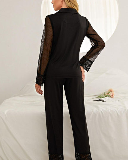Spliced Lace Lapel Collar Pajama Set