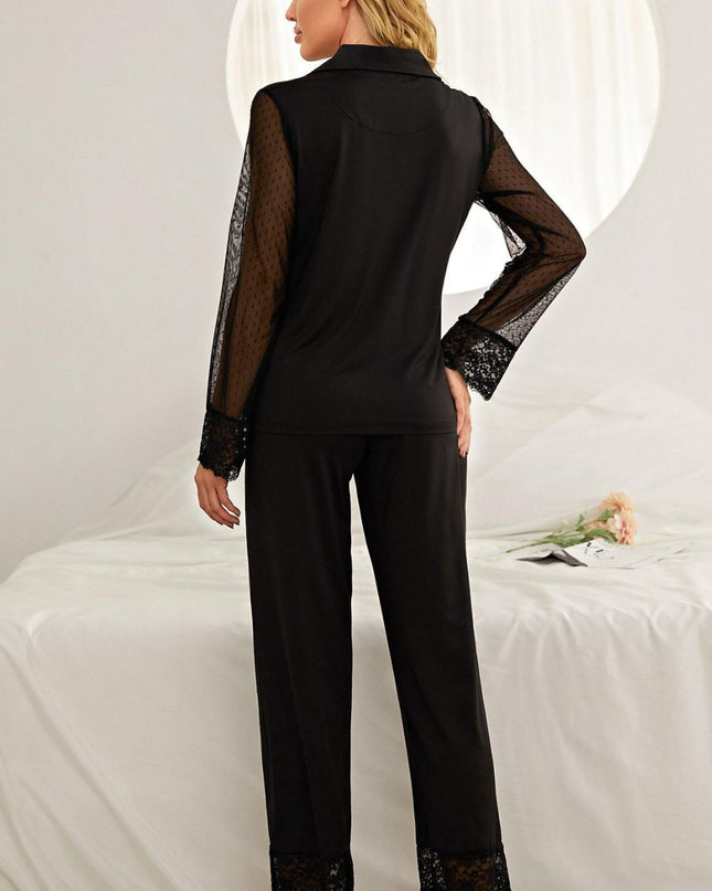 Spliced Lace Lapel Collar Pajama Set