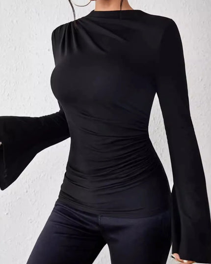 Bell Sleeve Ruched Fitted T-Shirt with Mock Neck