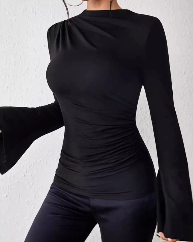 Bell Sleeve Ruched Fitted T-Shirt with Mock Neck