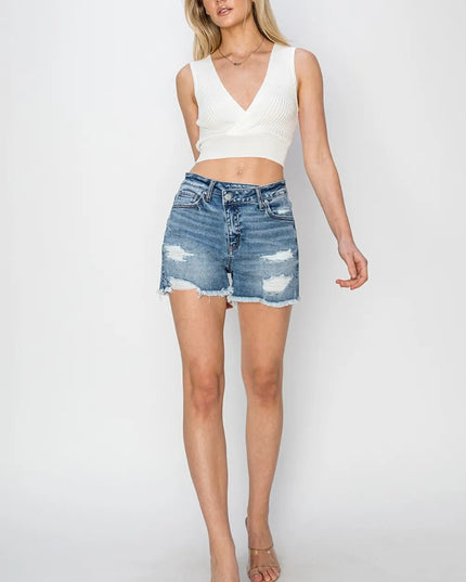 RISEN Stepped Waist Frayed Denim Shorts 