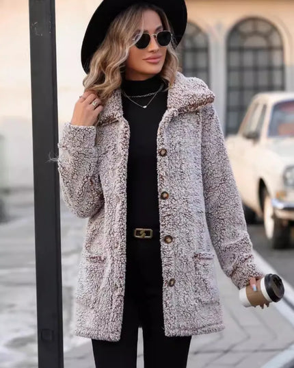 Pocketed Collared Neck Long Sleeve Plush Jacket