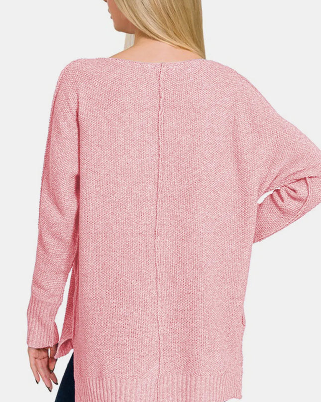 Zenana High-Low Center Seam V-Neck Sweater