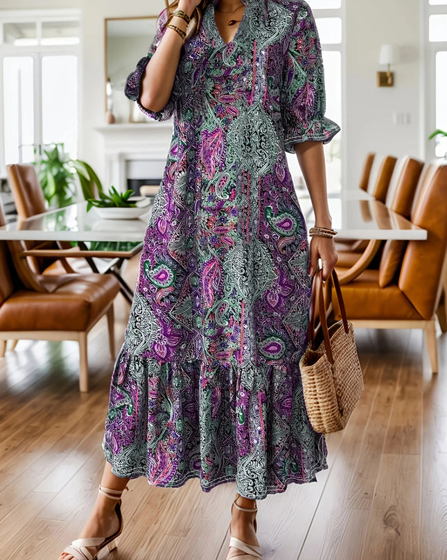 Full Size Bohemian Paisley Print Ruffle Hem Midi Dress Plus Size Purple