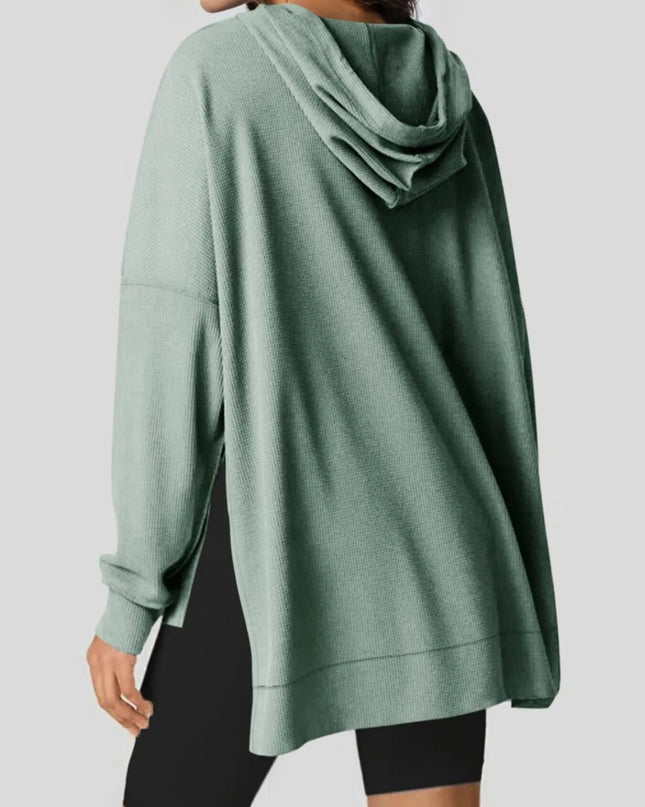 Slit Drawstring Waffle Knit Hoodie