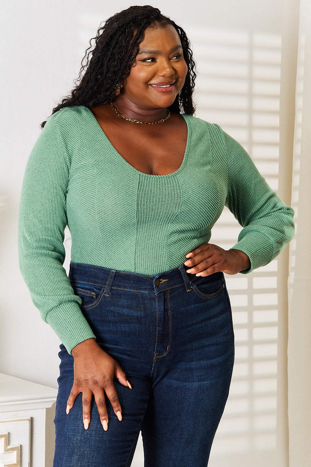 Basic Bae Scoop Neck Long Sleeve Top Green