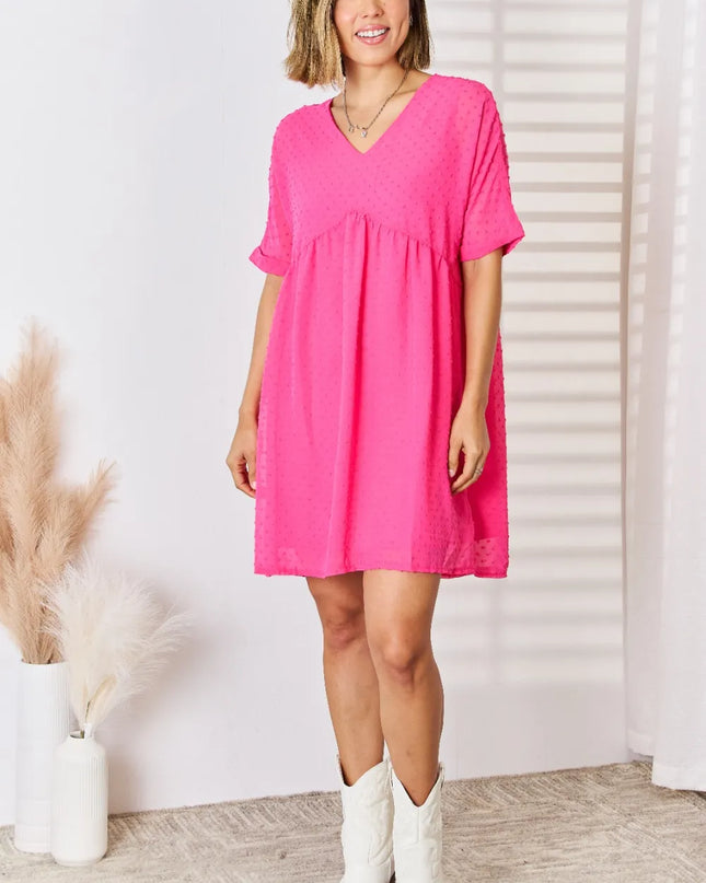 Zenana Swiss Dot Rolled Short Sleeve Babydoll Dress Red-Violet