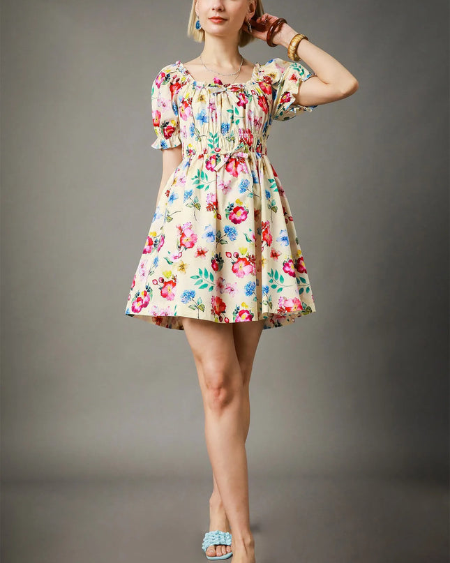Umgee Floral Print Puff Sleeve Mini Dress