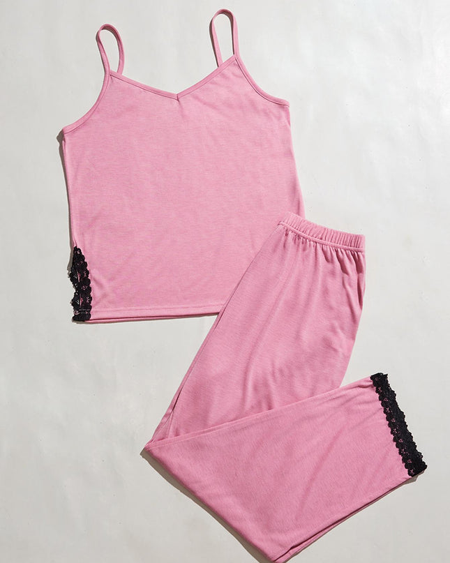 V-Neck Lace Trim Slit Cami and Pants Pajama Set