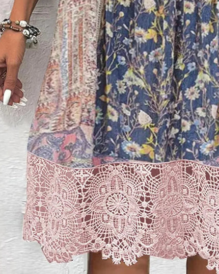 Full Size Lace Detail Printed Three-Quarter Sleeve Dress