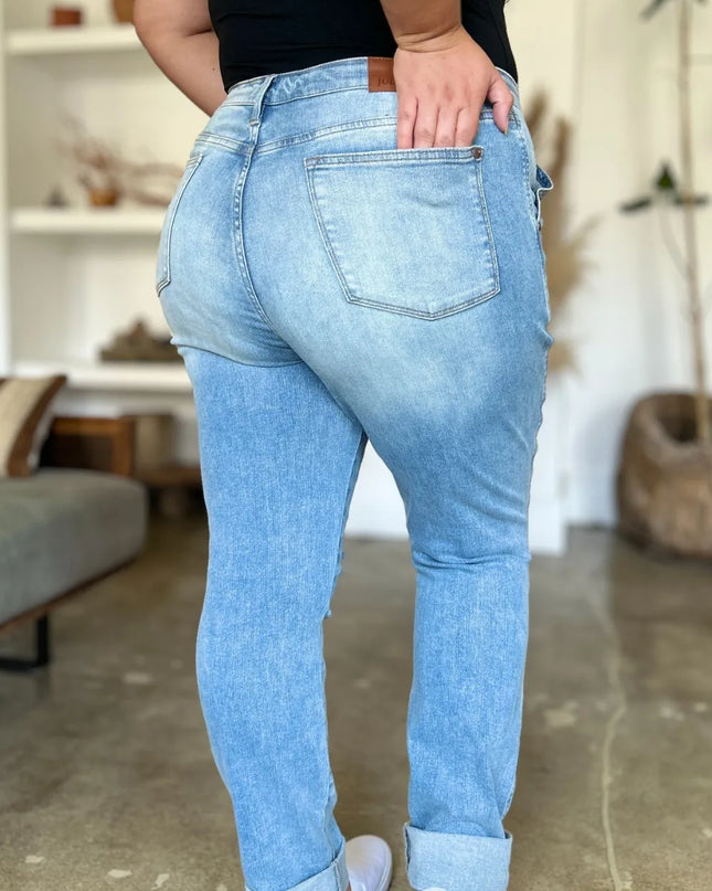 Judy Blue Full Size Distressed Straight Jeans with Patch Pockets