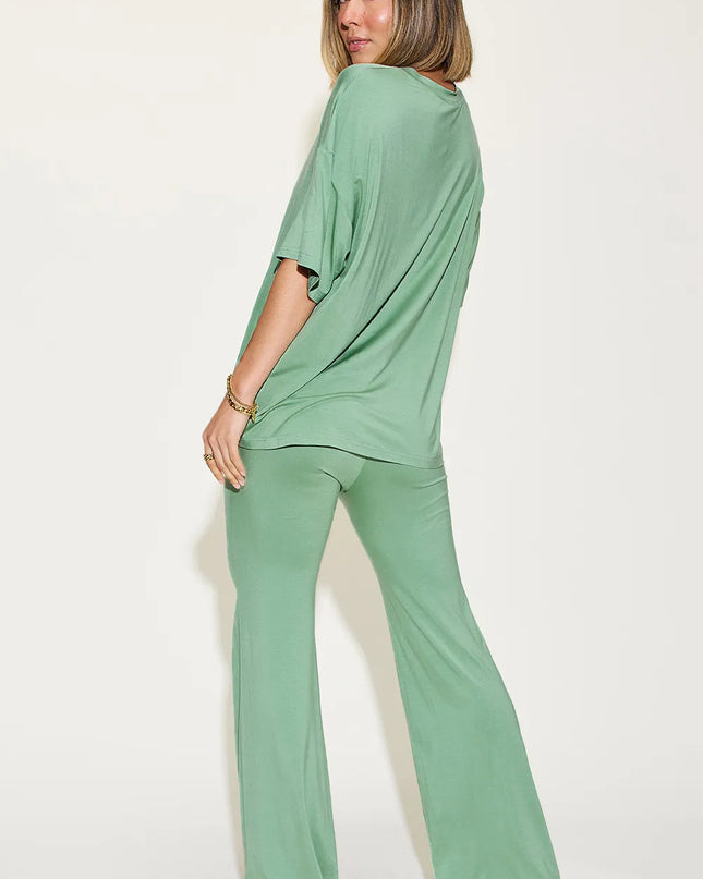 Basic Bae Full Size Bamboo Drop Shoulder T-Shirt and Flare Pants Set
