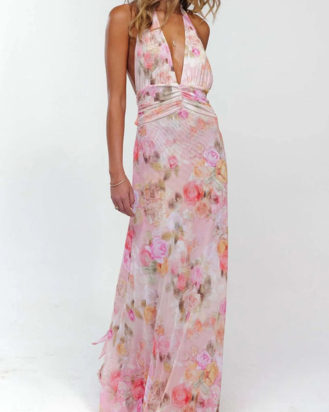Floral Halter Neck Deep V Maxi Dress