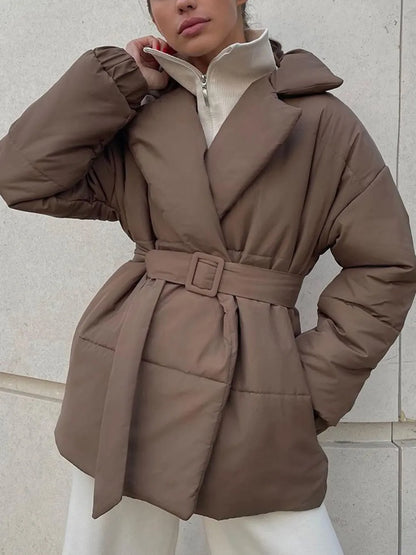 Puffer Long Sleeve Winter Coat with Belt Taupe