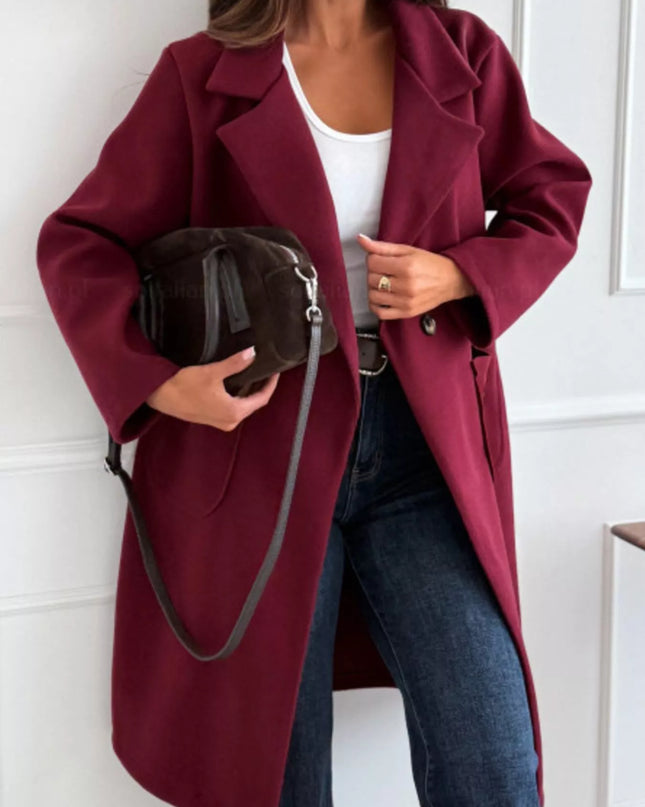 Long-Sleeve Single-Breasted Trench Coat Burgundy