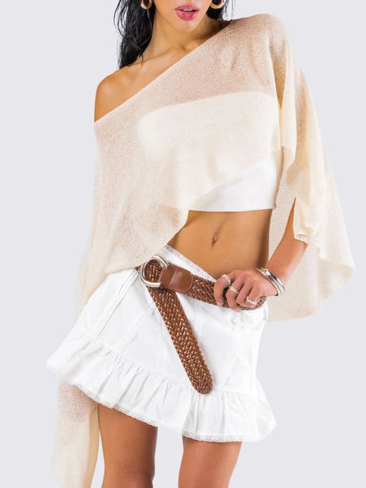 Boat Neck Long Sleeve knit Cover Up Ivory