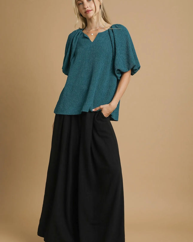 Umgee Textured Flutter Sleeve Notch Neck Top