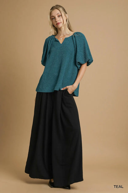 Umgee Textured Flutter Sleeve Notch Neck Top