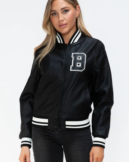Love Me Now PU Leather Contrast Snap Down Bomber Jacket