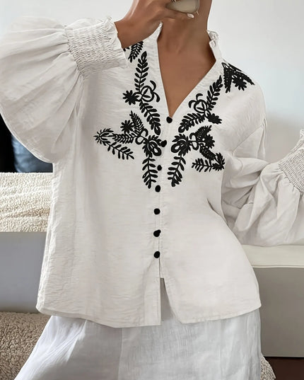 Embroidered Lantern Sleeve Blouse