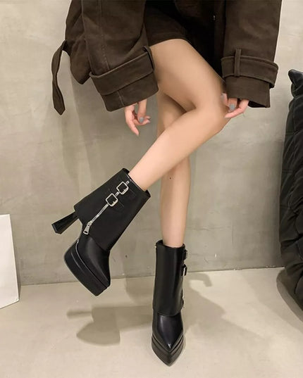 Point Toe High Heels Boots Black