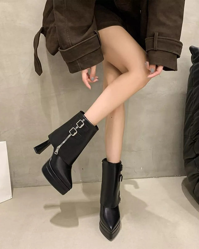 Point Toe High Heels Boots Black