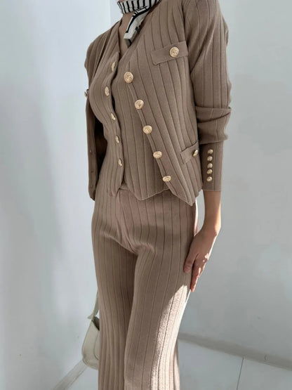 V-Neck Tank, Cardigan and Pants Three-Piece Sweater Set Taupe One Size