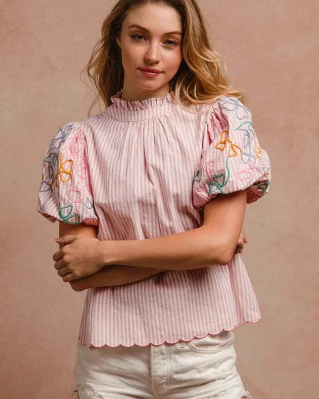 BiBi Embroidery Bubble Sleeve Top With Bottom Scallop Detail