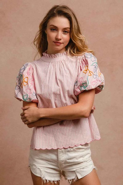 BiBi Embroidery Bubble Sleeve Top With Bottom Scallop Detail
