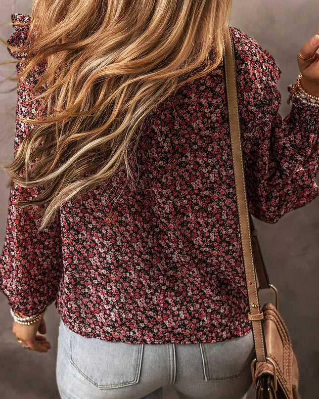 Ruffled Floral Waffle-Knit Blouse