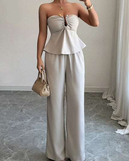 Ruched Tube Top and Pants Set Beige