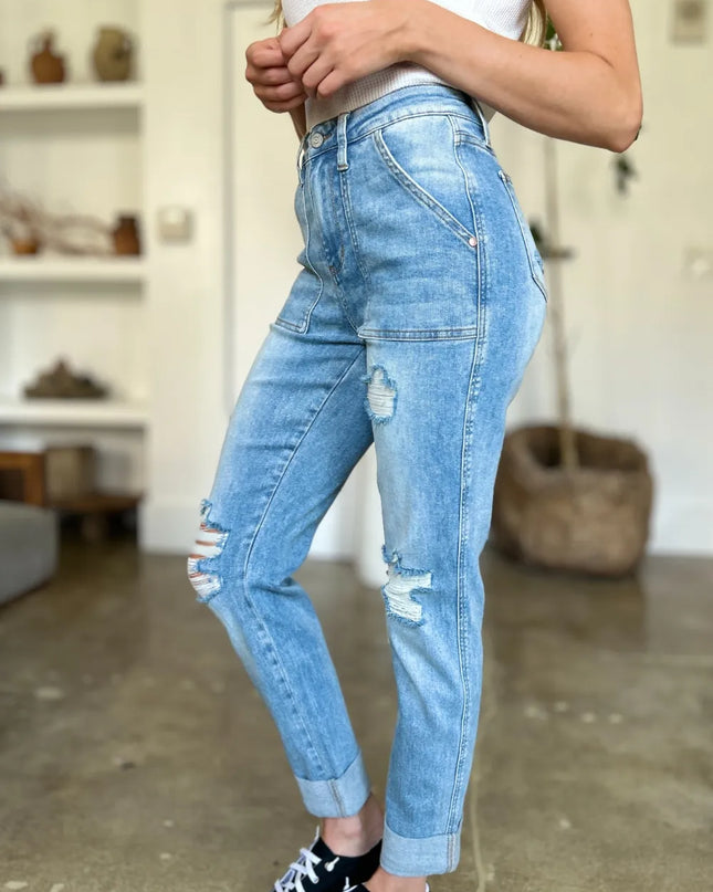 Judy Blue Full Size Distressed Straight Jeans with Patch Pockets