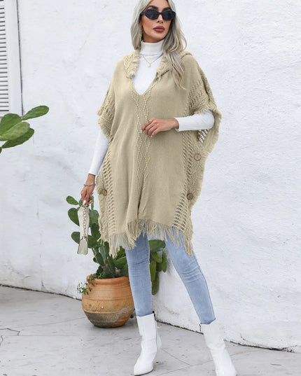 Fringe Trim Buttoned Hooded Poncho