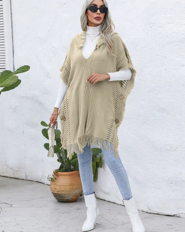 Fringe Trim Buttoned Hooded Poncho
