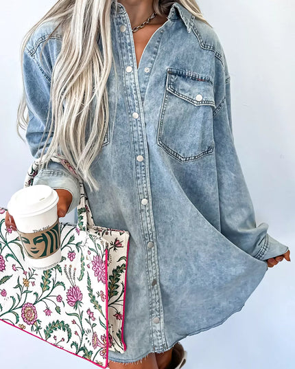 Chest Pocket Raw Hem Denim Loose Shirt Dress Light Blue