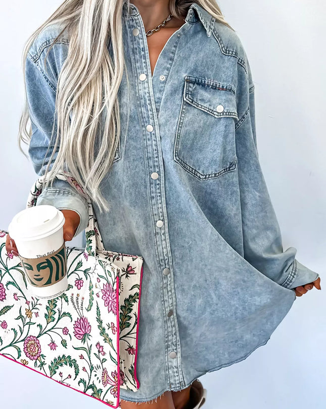Chest Pocket Raw Hem Denim Loose Shirt Dress Light Blue