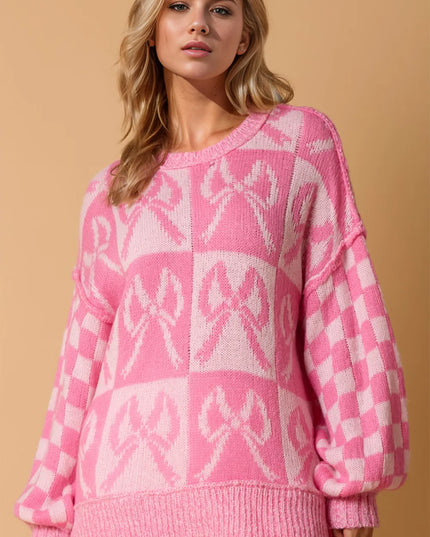 Double Take Full Size Checkered Bow Contrast Long Sleeve Sweater Pink