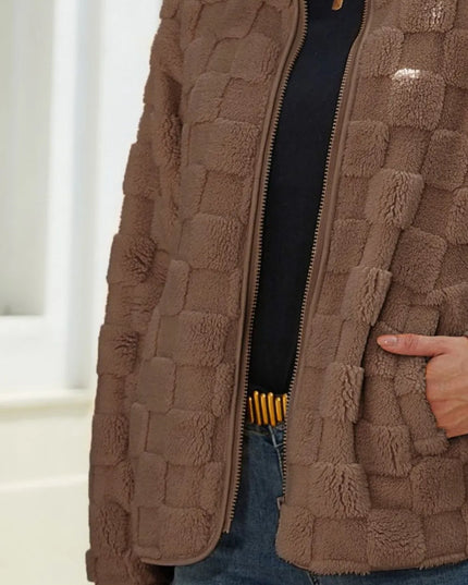 Fuzzy Checkered Zip Up Jacket